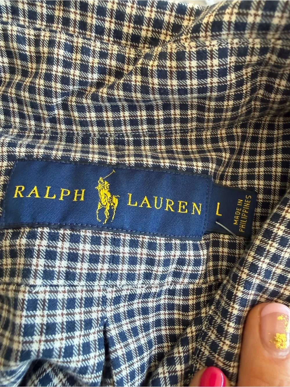Polo Ralph Lauren Custom Fit Blue Tan Plaid Long Sleeve Shirt Men’s Large EUC